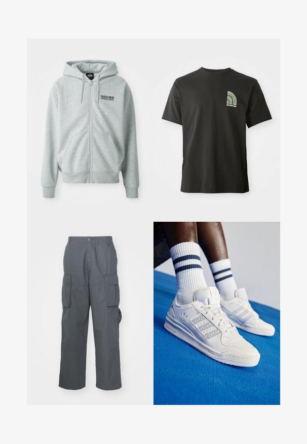 Szürke, cipzáras kapucnis pulóver, puha anyagból készült, kangaroo zsebbel, állítható húzózsinórral rendelkező kapucnival, és a "Dickies Workwear Company" logóval a mellkason.; Fekete, rövid ujjú, kerek nyakú póló, bal mellkason egy kis zöld és fehér negyedkör logo-val és "The North Face" felirattal.; Sötétszürke anyagú cargo nadrág; több oldalsó zsebbel, laza szabással és gombos záródással a deréknál.; Fehér bőr sportcipők perforált díszítéssel, három fényes csíkkal és texturált oldalpanellel. Fehér zoknival viselve, ami kék csíkos.