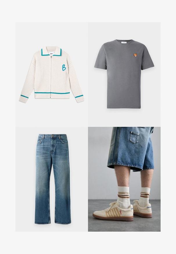 Cardigã de malha em creme com um padrão texturizado. Apresenta uma frente com fecho, colarinho e acabamentos em turquesa, e uma letra "B" bordada.; T-shirt de algodão cinza apresentando uma pequena bordagem de cabeça de raposa laranja acima do lado esquerdo do peito. Decote redondo, mangas curtas e um ajuste clássico.; Calças de ganga de perna larga em azul claro com um efeito desgastado, apresentando fecho de botão único, cinco bolsos e costuras em contraste.; Sapatilhas retro bege com sola de borracha castanha, apresentando detalhes listrados e logótipos bordados. Usadas com meias brancas, com detalhe listrado em castanho.