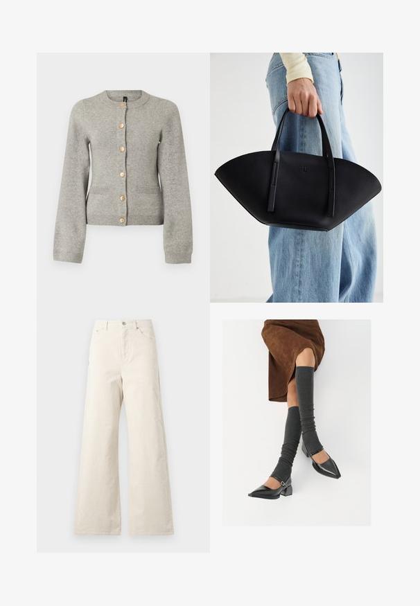 Vaaleanharmaa neulottu kardigan, jossa on pyöreä kaula-aukko, pitkät hihat ja kultasävyiset napit edessä. Sisältää kaksi etutaskua.; Valkoinen napitettava paita, joka on valmistettu sileästä puuvillasta. Paidassa on klassinen kaulus, pitkät hihat ja kaareva helma. Nappien koko on pieni ja ne ovat valkoiset.; Valkoiset leveälahkeiset housut, jotka on valmistettu puuvillasta, etupainonappikiinnityksellä, sivutaskuilla ja sileällä pinnalla. Minimalistinen muotoilu ilman kuvioita.; Musta lakattu nahkakengät teräväkärkisillä, leveällä kantapäällä ja nilkkahihnalla, yhdistettynä harmaisiin ribattuihin säärystimiin ja ruskeaan mokkasiinimekkoon.; Musta nahkainen käsilaukku, jossa on ainutlaatuinen tuulihattukuvio, jossa on litteät kahvat. Pinnassa on karkeapintainen rakenne ja minimalistinen muotoilu.