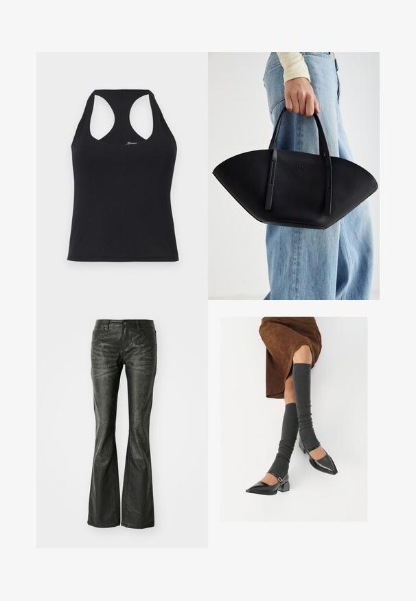 Cardigã tricotado em cinza claro com um decote redondo, mangas longas e botões em tom de ouro à frente. Apresenta dois bolsos frontais.; Top preto sem mangas, feito de um tecido liso e elástico, com decote redondo e design de costas nadador. Apresenta uma bainha reta e uma marcação mínima.; Jeans flared em imitação de pele preta com bolsos frontais, fecho de botão de metal e uma superfície ligeiramente texturizada. Perna reta com um corte longo.; Sapatos pretos de pele lacada com biqueira pontuda, salto bloco e tiras no tornozelo, combinados com caneleiras cinzas em malha e uma saia de camurça castanha.; Bolsa de mão em couro preto com uma forma única em leque, apresentando alças planas. A superfície tem uma textura pebble e um design minimalista.