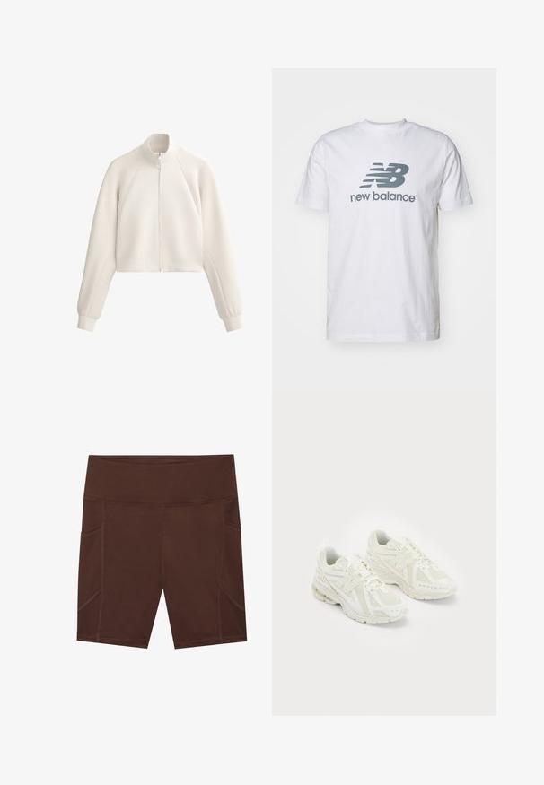Svetlo béžová skrátená bunda s vysokým golierom, predným zipsom a rebrovanou textúrou. Má raglánové rukávy a bočné vrecká.; Biela bavlnená tričko s šedým logom "NB" a textom "new balance", krátke rukávy, klasický dizajn okrúhleho výstrihu, hladká textúra.; Hnedé športové šortky vyrobené z hladkej tkaniny, s vysokým pásom, bočnými vreckami a kontrastnými švami.; Biele športové topánky vyrobené z mäkkej sieťoviny a syntetických materiálov, dizajn na šnurovanie, polstrovaný golier a textúrová podrážka pre lepšiu trakciu. Ľahká konštrukcia.