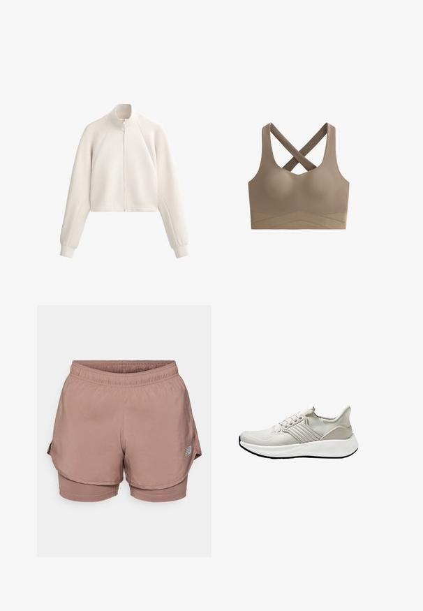 Jachetă cropped de culoare bej deschis, cu guler înalt, fermoar frontal și textură cu nervuri. Are mâneci raglan și buzunare laterale.; Sutien sport maro cu un design fără cusături, bretele încrucișate pe spate și o bandă texturată cu un model în zigzag în partea de jos.; Shorts de sport roz pal, cu un elastic la talie, un design în straturi și un detaliu cu logo reflectorizant pe lateral. Material neted.; Șosetă sport ușoară din material de plasă bej cu un finisaj texturat, având o talpă albă și accente laterale tonale. Design simplu cu șireturi.