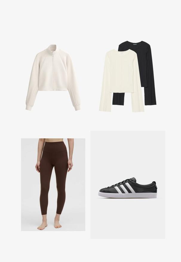 Ljust beige kort jacka med hög krage, dragkedja fram och ribbad textur. Har raglanärmar och sidofickor.; Set med två långärmade toppar i vitt och svart. Ribbade texturer, rund hals, figurnära design med något utställda ärmar.; Bruna högmidjade leggings med en slät yta, figurnära design och inga synliga mönster. Sömdetaljer längs sidorna.; Svarta lädersneakers med vit tre-stripesdesign, rund tå, platt vit gummisula och varumärkesdetalj på sidan.