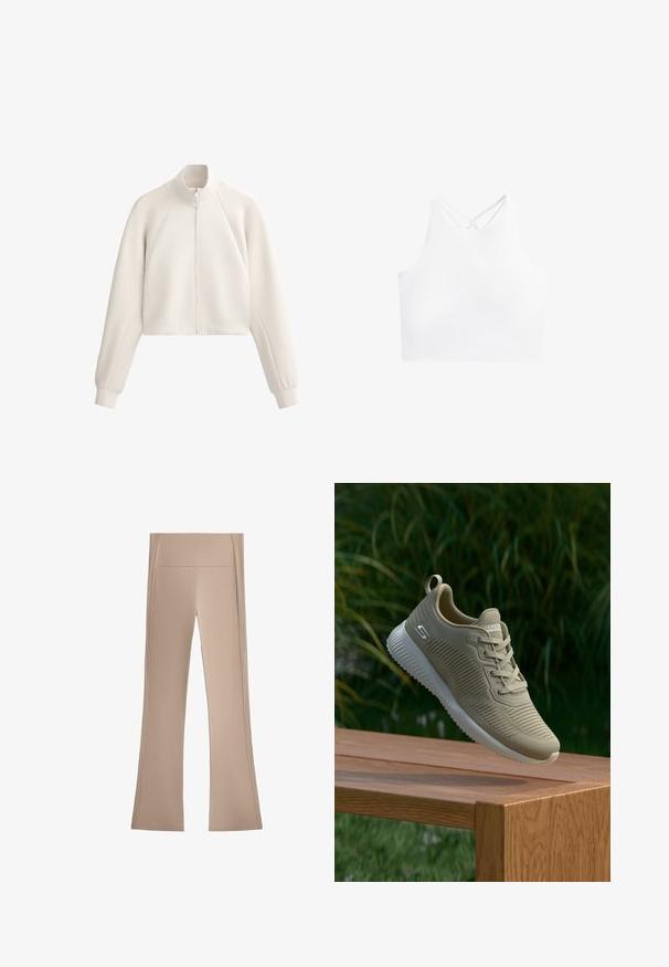 Világos bézs színű, rövidített kabát magas gallérral, elülső cipzárral és bordázott textúrával. Raglánujjakkal és oldalsó zsebekkel rendelkezik.; Fehér sportos crop top, magas nyakkivágással és dupla keresztpánttal a háton, sima, rugalmas anyagból készült.; Beige harangszárú nadrág magas derékkal, sima, rugalmas anyagból készült. Oldalán függőleges bordázott részletek találhatóak.; Beige sportcipő texturált felsőrésszel, fűzőkkel és támogató sarkú tabbal, egy fa felületen nyugszik, zöld növényzet előtt.
