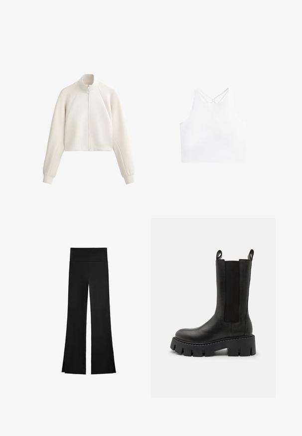 Svetlo bež skrajšana jakna z visokim ovratnikom, sprednjim zadrgo in rebrasto teksturo. Ima raglan rokave in stranske žepke.; Bela atletska crop majica z visokim ovratnikom in dvema križnima trakoma na hrbtni strani, izdelana iz gladkega in raztegljivega materiala.; Črne hlače širokega kroja, z visokim pasom in stranskimi režami za lažje gibanje. Narejene iz gladkega, elastičnega materiala.; Črne usnjene gležnjarje z elastičnimi bočnimi paneli, zanka za poteg, debelim profiliranim podplatom in ojačanim šivom. Površina je gladka na dotik.