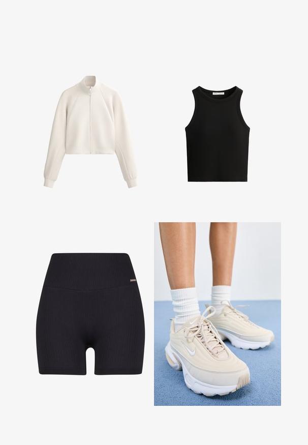 Svijetlosmeđi skraćeni kaput s visokim ovratnikom, prednjim patentnim zatvaračem i rebrastom teksturom. Ima raglan rukave i bočne džepove.; Crna rebrasta majica na bretele, s okruglim izrezom i širokim izrezima za ruke. Materijal izgleda mekano s uskim krojem.; Crne rebraste kratke hlače s visokim strukom i glatkom teksturom. Dizajn uključuje suptilan brendirani detalj na pojasu.; Bež sportske cipele s teksturiranim gornjim dijelom, bijelim vezicama i debelim bijelim potplatom. Dizajn sadrži suptilne obline i mali logo.