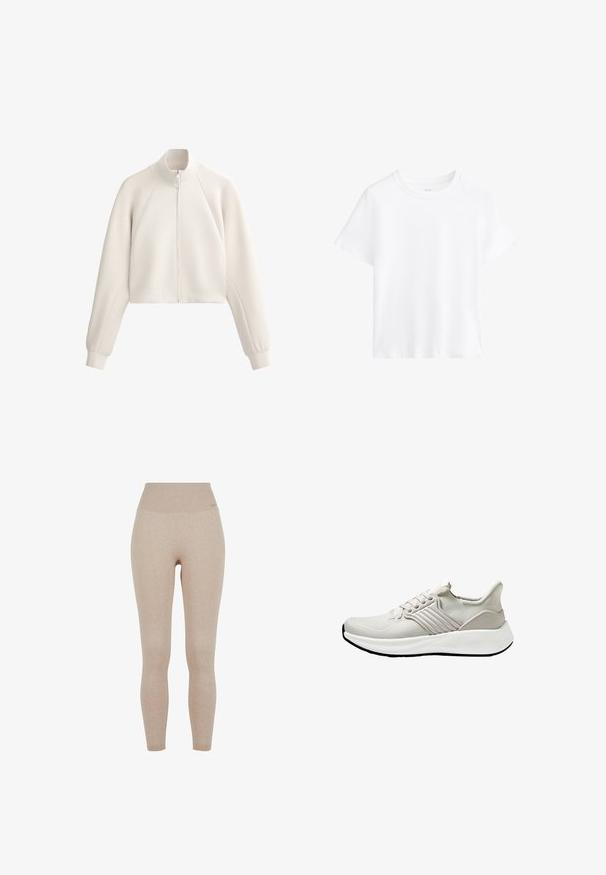 Ljust beige kort jacka med hög krage, dragkedja fram och ribbad textur. Har raglanärmar och sidofickor.; Vit bomulls t-shirt, korta ärmar, rund halsringning, avslappnad passform, slät textur, utan mönster eller detaljer, enkel design, mångsidig stil.; Beiga ribbade leggings med hög midja, tillverkade av ett mjukt, elastiskt tyg för komfort och rörelsefrihet.; Lättviktsatletisk sko i beige mesh-material med texturerad yta, med en vit sula och tonala sidodetaljer. Enkelt snörningsdesign.