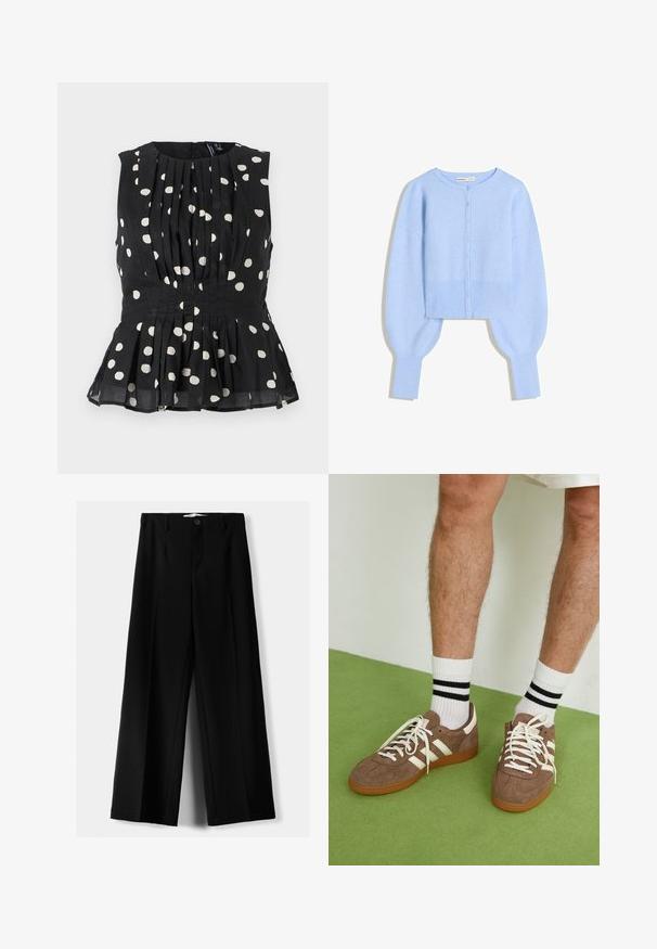 Cardigan corto azzurro chiaro in morbido materiale a maglia con scollatura rotonda, chiusura a bottoni e maniche a palloncino con polsini a costine.; Top senza maniche nero con pois bianchi, caratterizzato da un design plissettato e orlo a peplo. Il tessuto sembra leggero e testurizzato. Chiusura con zip sul retro.; Pantaloni neri a gamba larga realizzati in tessuto leggero, caratterizzati da una chiusura frontale con bottone e frontale piatto, con orli cuciti con precisione.; Sneaker in suede marrone con dettagli e lacci bianchi. Suola in gomma color gomma. Indossati con calzini bianchi con righe nere. Pavimento verde texturizzato.
