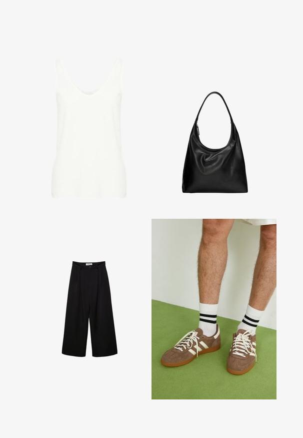 Light blue cropped cardigan in soft knit material with rounded neckline, button closure, and balloon sleeves with ribbed cuffs.; White sleeveless tank top with a deep scoop neckline, made of lightweight fabric, featuring a smooth texture and a fitted silhouette.; Black wide-leg trousers with a high waist, pleated front, and button closure. Made from smooth fabric with a tailored design.; Brown suede sneakers with white accents and laces. Rubber gum sole. Worn with white socks featuring black stripes. Green textured flooring.; Black leather hobo bag with a curved, soft shape and a single shoulder strap. Features a zip closure and smooth, shiny texture.