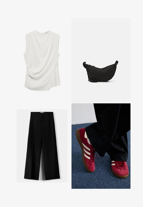 Svetlo modra skrajšana jopica iz mehkega pletenega materiala z zaobljenim izrezom, zapiranjem na gumb in balonskimi rokavi z rebrastimi manšetami.; Bela brezrokavna majica iz gladkega materiala, ki ima padajoče detajle spredaj in ukrivljen rob zadaj.; Črne široke hlače iz lahkega materiala, z zapiranjem na gumb spredaj in ravnim sprednjim delom, s skrbno zašiti robovi.; Rdeče semiš superge z belimi črtami, zavezovanje in strukturiran rjav gumijast podplat. Nosi se z črnimi hlačami, na modrem preprogi.; Črna tkaninska torba čez ramo s kružno obliko, z zadrgo, nastavljivim trakom in majhnim stranskim žepom za dodatno shranjevanje.