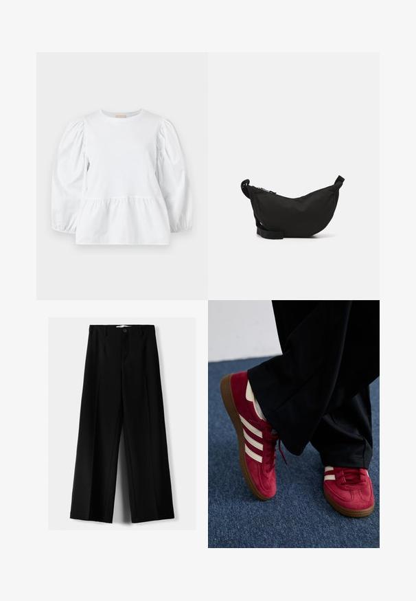 Svetlo modra skrajšana jopica iz mehkega pletenega materiala z zaobljenim izrezom, zapiranjem na gumb in balonskimi rokavi z rebrastimi manšetami.; Bela bluzica z okroglim ovratnikom, napihnjenimi dolgimi rokavi in večslojnim volančkom. Narejena iz gladkega materiala brez vidnih vzorcev ali dodatkov.; Črne široke hlače iz lahkega materiala, z zapiranjem na gumb spredaj in ravnim sprednjim delom, s skrbno zašiti robovi.; Rdeče semiš superge z belimi črtami, zavezovanje in strukturiran rjav gumijast podplat. Nosi se z črnimi hlačami, na modrem preprogi.; Črna tkaninska torba čez ramo s kružno obliko, z zadrgo, nastavljivim trakom in majhnim stranskim žepom za dodatno shranjevanje.