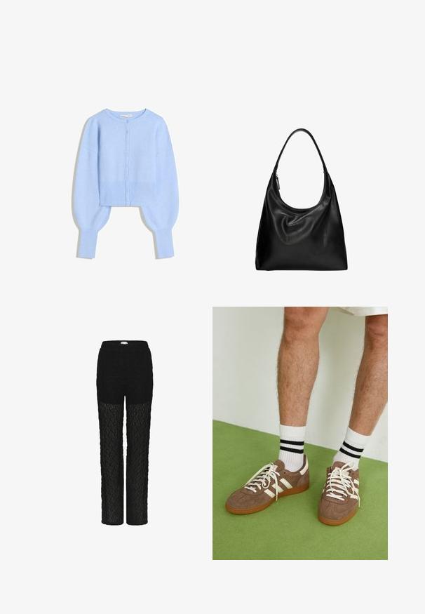 Svetlomodrá skrátená cardigan v mäkkom pletenom materiáli s okrúhlym výstrihom, zapínaním na gombíky a balónovými rukávmi s rebrovanými manžetami.; Krémový rolák s dlhým rukávom vyrobený z mäkkého materiálu, priliehavý strih, jemná textúra, nosený s tmavomodrými džínami.; Cream Nohavice - pitch black; Hnedé zamatové tenisky s bielymi akcentmi a šnúrkami. Gumová podrážka. Nosené s bielymi ponožkami so čiernymi pruhmi. Zelená textúrovaná podlaha.; Čierna kožená hobo taška s zakriveným, mäkkým tvarom a jedným ramenným popruhom. Obsahuje zipsové uzatváranie a hladký, lesklý povrch.