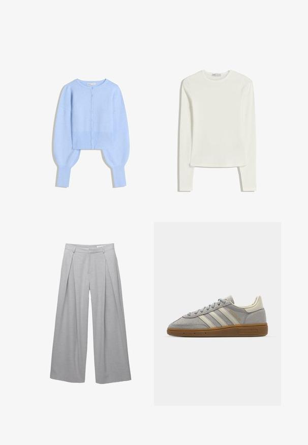 Světle modrý zkrácený kardigan z měkkého pleteného materiálu s kulatým výstřihem, zapínáním na knoflíky a balónovými rukávy s žebrovanými manžetami.; Bílý dlouhý rukáv top vyrobený z měkké, hladké látky. Má kulatý výstřih a slim fit s minimálními švy.; Světle šedé kalhoty s širokými nohavicemi, vyrobené z texturované tkaniny, se záhyby vpředu, poutky na opasek a upraveným pasem. Bez viditelných zapínání.; Šedé semišové tenisky se světle šedými koženými pruhy a gumovou podrážkou. Vybavení zahrnuje šněrování a decentní branding na jazyku.