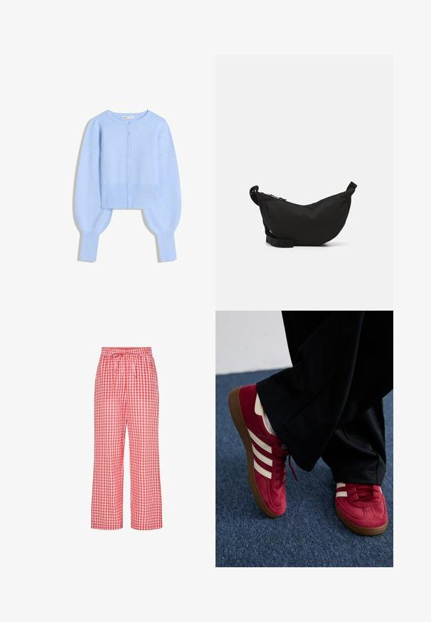 Ljusblå kort ärmad cardigan i mjukt stickat material med rundad halsringning, knappstängning och ballongärmar med ribbade manschetter.; Ljusblå ärmlös tanktop i mjukt bomullstyg. Har en rund halsringning och släta kanter, utan synliga mönster eller detaljer.; Röda och vita rutiga byxor med lös passform, elastisk midja och dragsko. Tyget har en slät yta och ett rutig mönster.; Röda mockasko med vita ränder, snörningsdesign och en strukturerad brun gummisula. Bärs med svarta byxor, mot en blå matta.; Svart tyg crossbody-väska med en böjd form, dragkedjestängning, justerbar rem och en liten sidoficka för extra förvaring.
