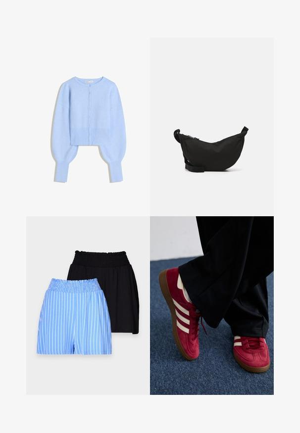 Ljusblå kort ärmad cardigan i mjukt stickat material med rundad halsringning, knappstängning och ballongärmar med ribbade manschetter.; Ljusblå ärmlös tanktop i mjukt bomullstyg. Har en rund halsringning och släta kanter, utan synliga mönster eller detaljer.; Två par shorts med elastisk midja: ett ljusblått med vita vertikala ränder, det andra helt svart. Båda är tillverkade av mjukt tyg.; Röda mockasko med vita ränder, snörningsdesign och en strukturerad brun gummisula. Bärs med svarta byxor, mot en blå matta.; Svart tyg crossbody-väska med en böjd form, dragkedjestängning, justerbar rem och en liten sidoficka för extra förvaring.