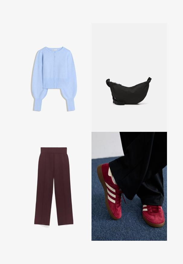 Hellblaue, verkürzte Strickjacke aus weichem Material mit rundem Ausschnitt, Knopfverschluss und Ballonärmeln mit gerippten Bündchen.; Hellblaues, ärmelloses Tanktop aus weichem Baumwollstoff. Verfügt über einen runden Ausschnitt und glatte Kanten, ohne sichtbare Muster oder Akzente.; Burgunderfarbene, weit geschnittene Hosen aus weichem Stoff mit einem glatten Bund und zwei vorderen Falten für zusätzliche Details.; Rote Wildledersneaker mit weißen Streifen, Schnürdesign und strukturiertem braunem Gummisohle. Getragen mit schwarzen Hosen, vor einem blauen Teppich.; Schwarze Stoff-Crossbody-Tasche mit geschwungener Form, Reißverschluss, verstellbarem Gurt und einer kleinen Seitentasche für zusätzlichen Stauraum.