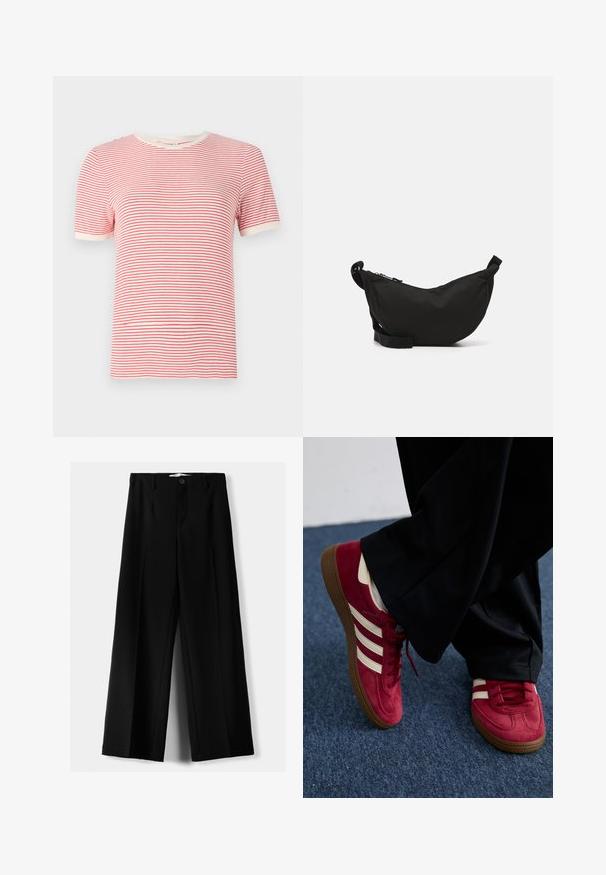 Light blue cropped cardigan in soft knit material with rounded neckline, button closure, and balloon sleeves with ribbed cuffs.; Red and white striped T-shirt, short sleeves, round neckline, cotton blend material, light texture, contrasting ribbed edges.; Black wide-leg trousers made of lightweight fabric, featuring a front button closure and flat front, with neatly stitched hems.; Red suede sneaker with white stripes, lace-up design, and textured brown rubber sole. Worn with black pants, set against blue carpet.; Black fabric crossbody bag with a curved shape, zip closure, adjustable strap, and a small side pocket for additional storage.