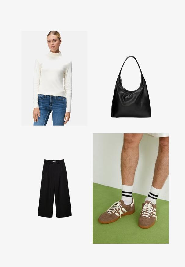 Cardigan court bleu clair en tricot doux avec un col rond, une fermeture à boutons et des manches bouffantes avec des poignets côtelés.; Haut à col roulé crème à manches longues en matière douce, design ajusté, texture lisse, porté avec un jean bleu foncé.; Pantalons larges noirs à taille haute, avec une devant plissé et une fermeture à bouton. Fabriqués en tissu lisse avec un design ajusté.; Baskets en daim marron avec des accents et des lacets blancs. Semelle en caoutchouc gomme. Portées avec des chaussettes blanches à rayures noires. Sol texturé vert.; Sac hobo en cuir noir avec une forme courbée et douce, doté d'une seule bandoulière. Il présente une fermeture à glissière et une texture lisse et brillante.