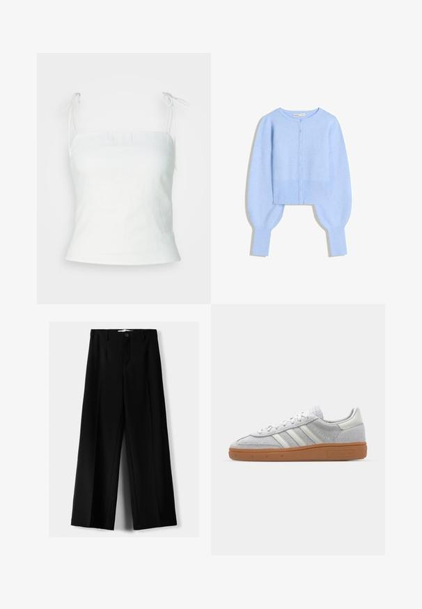 Light blue cropped cardigan in soft knit material with rounded neckline, button closure, and balloon sleeves with ribbed cuffs.; White linen camisole with adjustable straps, fitted bodice, and a slight flare at the hem. Smooth texture with a minimalist design.; Black wide-leg trousers made of lightweight fabric, featuring a front button closure and flat front, with neatly stitched hems.; Light grey suede sneaker with white leather accents, three white stripes, and a brown rubber sole, featuring a padded collar for comfort.
