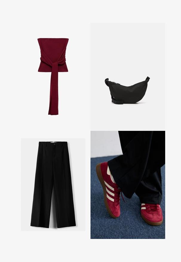 Ljusblå kort ärmad cardigan i mjukt stickat material med rundad halsringning, knappstängning och ballongärmar med ribbade manschetter.; Burgunderfärgad topp med en figurnära bodice, rynkade detaljer på sidorna och ett långt, knutet tygaccent vid midjan. Slät, stretchig material.; Svarta vida byxor i lätt material, med knappstängning fram och platt front, samt väl sydda fållar.; Röda mockasko med vita ränder, snörningsdesign och en strukturerad brun gummisula. Bärs med svarta byxor, mot en blå matta.; Svart tyg crossbody-väska med en böjd form, dragkedjestängning, justerbar rem och en liten sidoficka för extra förvaring.