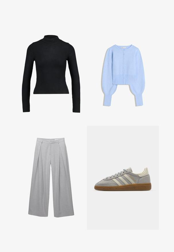 Svijetlo plava skraćena kardigan od mekog pletiva, s okruglim izrezom, kopčanjem na dugmad i balon rukavima s rebrastim manžetama.; Crna dugouha majica s visokim ovratnikom od rebrastog materijala, s prilagođenim dizajnom i uskim siluetom. Bez uzoraka ili akcenta.; Svijetlo siva široka hlača, izrađena od teksturirane tkanine, s prednjim nabora, petljama za remen i krojenim strukom. Nema vidljivih kopčanja.; Sive suede tenisice s svijetlosivim kožnim prugama i gumiranim potplatom. Značajke uključuju vezanje na vezice i suptilno brendiranje na jeziku.