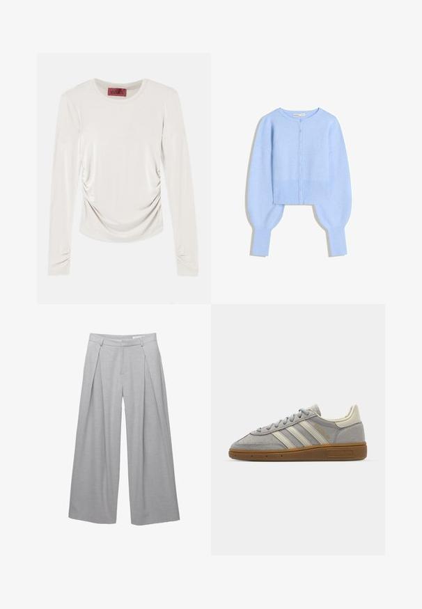 Svetlomodrá skrátená cardigan v mäkkom pletenom materiáli s okrúhlym výstrihom, zapínaním na gombíky a balónovými rukávmi s rebrovanými manžetami.; Krémový top s dlhými rukávmi, zhustenými stranami a rukávmi, okrúhlym výstrihom a červenou etiketou vo vnútri goliera.; Svetlošedé nohavice s širokými nohavicami, vyrobené z textúrovanej tkaniny, s prednými záhybmi, pútkami na opasok a prispôsobeným pásom. Bez viditeľných uzáverov.; Šedé semišové tenisky s svetlosivými koženými pruhmi a gumovou podrážkou. Medzi vlastnosti patrí šnurovanie a jemné logo na jazyku.