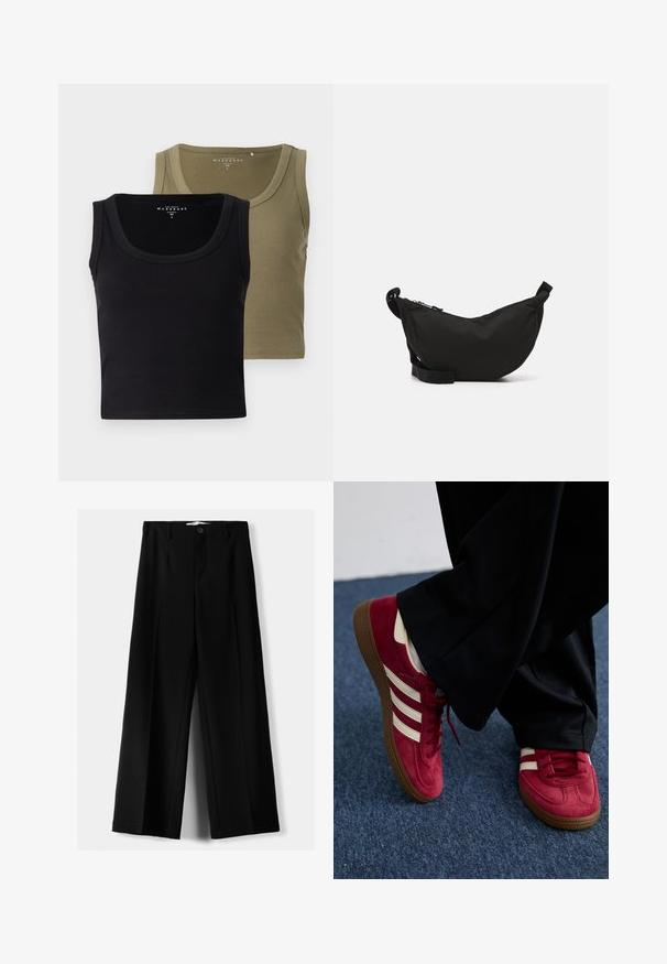 Svetlomodrá skrátená cardigan v mäkkom pletenom materiáli s okrúhlym výstrihom, zapínaním na gombíky a balónovými rukávmi s rebrovanými manžetami.; Čierne a olivovo zelené rebrované tielka so širokými ramienkami a okrúhlym výstrihom, ktoré majú jemnú textúru a priliehavý strih.; Čierne široké nohavice z ľahkého materiálu, s predným zapínaním na gombík a plochým predným dielom, s pekne ušitými lemami.; Červené semišové tenisky s bielymi pruhmi, šnurovací dizajn a textúrovaná hnedá gumová podrážka. Nosené s čiernymi nohavicami, na pozadí modrého koberca.; Čierna látková crossbody taška s zakriveným tvarom, so zipsovým uzáverom, nastaviteľným popruhom a malou bočnou kapsou na ďalšie uloženie.