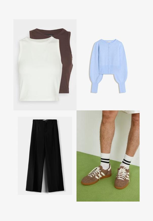 Light blue cropped cardigan in soft knit material with rounded neckline, button closure, and balloon sleeves with ribbed cuffs.; Two ribbed, sleeveless tops in white and dark brown. Both feature a high neckline and soft, stretchy material, ideal for layering.; Black wide-leg trousers made of lightweight fabric, featuring a front button closure and flat front, with neatly stitched hems.; Brown suede sneakers with white accents and laces. Rubber gum sole. Worn with white socks featuring black stripes. Green textured flooring.