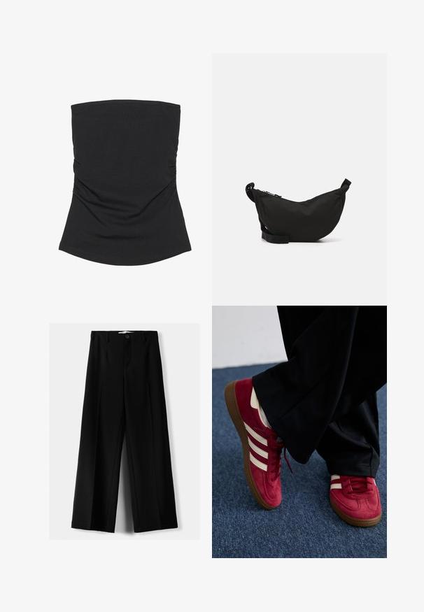 Cardigan scurt de culoare albastru deschis, din material moale tricotat, cu decolteu rotund, închidere cu nasturi și mâneci ballon cu manșete cu dantelă.; Top negru fără bretele, realizat dintr-un material ușor și neted. Prezintă detalii cu plisare pe lateral și o margine curbată. Potrivit pentru purtare casual.; Pantaloni negri cu picior larg, fabricați dintr-un material ușor, cu închidere frontală cu nasture și față plată, având tivuri cusute cu atenție.; Adidași din suede roșu cu dungi albe, design cu șireturi și talpă din cauciuc texturat maro. Purtați cu pantaloni negri, pe un covor albastru.; Geantă crossbody din fibră neagră, cu o formă curbată, închidere cu fermoar, curea ajustabilă și un mic buzunar lateral pentru depozitare suplimentară.