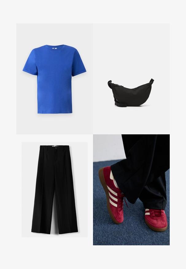 Lichtblauwe cropped cardigan van zacht breimateriaal met ronde halslijn, knoopsluiting en ballonmouwen met geribbelde manchetten.; Korte mouwen T-shirt in helderblauw katoen, met een ronde halslijn en een gladde textuur zonder zichtbare patronen of accenten.; Zwarte wijde broek van lichtgewicht stof, met een knoopsluiting aan de voorkant en een vlakke achterkant, afgewerkt met keurig gestikte zoom.; Rode suède sneaker met witte strepen, vetersluiting en een gestructureerde bruine rubberen zool. Gecombineerd met zwarte broek, tegen een blauwe vloerbedekking.; Zwarte stoffen schoudertas met een gebogen vorm, ritssluiting, verstelbare schouderband en een klein zijvak voor extra opbergruimte.