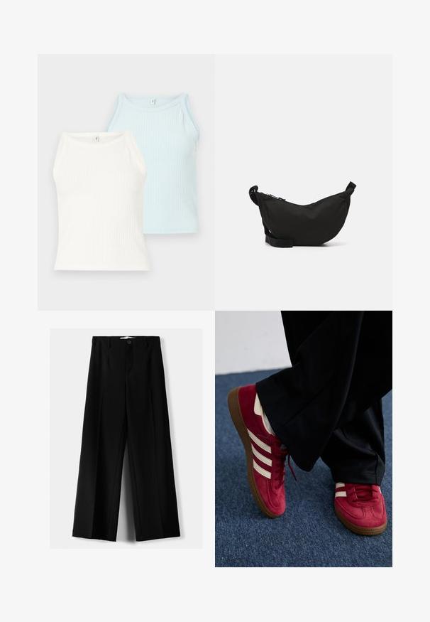 Lichtblauwe cropped cardigan van zacht breimateriaal met ronde halslijn, knoopsluiting en ballonmouwen met geribbelde manchetten.; Twee geribbelde tanktops in wit en lichtblauw. De tops hebben een ronde halslijn en brede schouderbanden, gemaakt van een zachte stof.; Zwarte wijde broek van lichtgewicht stof, met een knoopsluiting aan de voorkant en een vlakke achterkant, afgewerkt met keurig gestikte zoom.; Rode suède sneaker met witte strepen, vetersluiting en een gestructureerde bruine rubberen zool. Gecombineerd met zwarte broek, tegen een blauwe vloerbedekking.; Zwarte stoffen schoudertas met een gebogen vorm, ritssluiting, verstelbare schouderband en een klein zijvak voor extra opbergruimte.