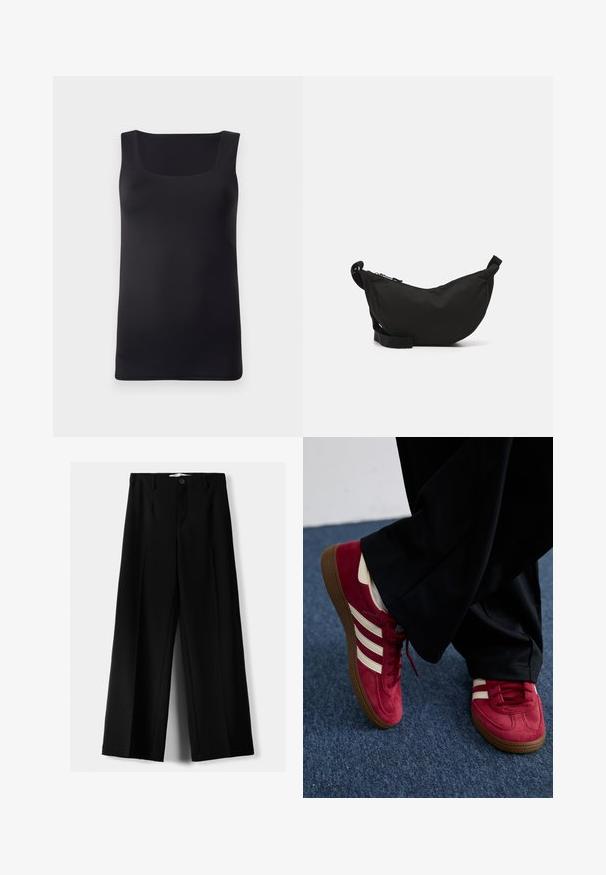 Cardigan court bleu clair en tricot doux avec un col rond, une fermeture à boutons et des manches bouffantes avec des poignets côtelés.; Débardeur noir sans manches avec un décolleté carré, fabriqué en tissu lisse, présentant une coupe ajustée et des bords nets, sans motifs ni accents visibles.; Pantalons larges noirs en tissu léger, avec une fermeture à bouton à l'avant et un devant plat, dotés d'ourlets soigneusement cousus.; Baskets en suède rouge avec des rayures blanches, design à lacets et semelle en caoutchouc marron texturée. Portées avec un pantalon noir, sur un tapis bleu.; Sac bandoulière en tissu noir avec une forme incurvée, fermeture à zip, sangle réglable et une petite poche latérale pour un rangement supplémentaire.