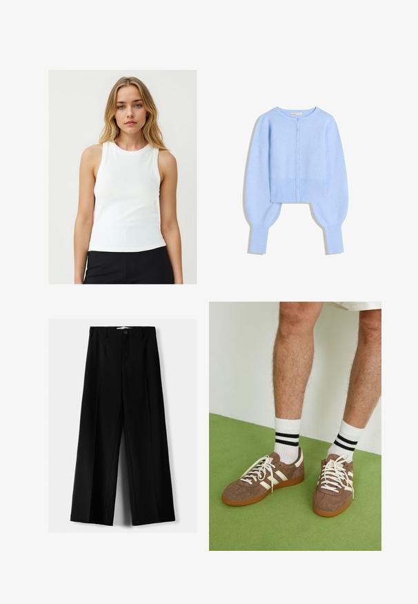 Cardigan corto azzurro chiaro in morbido materiale a maglia con scollatura rotonda, chiusura a bottoni e maniche a palloncino con polsini a costine.; Giovane donna con lunghi capelli biondi, che indossa una maglietta senza maniche bianca e pantaloni neri, in piedi davanti a uno sfondo chiaro e semplice.; Pantaloni neri a gamba larga realizzati in tessuto leggero, caratterizzati da una chiusura frontale con bottone e frontale piatto, con orli cuciti con precisione.; Sneaker in suede marrone con dettagli e lacci bianchi. Suola in gomma color gomma. Indossati con calzini bianchi con righe nere. Pavimento verde texturizzato.