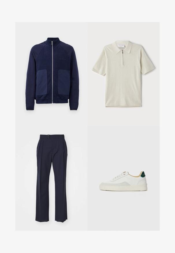 Tamsiai mėlynas užtrauktukas striukė su sklandžiu ir tekstūruotu audiniu, dviem priekinėmis kišenėmis ir stovinčia apykakle.; Šviesiai bežinis trumpomis rankovėmis polo marškinėliai su užtrauktuku ant apykaklės. Pagaminti iš lygaus audinio, pasižymi paprastu, moderniu dizainu be raštų.; Paul Smith TROUSER - Kelnės - grey; Baltos sportbačiai su zomšos akcentais, apvaliu nosiu, plokščiais raišteliais ir kreminės spalvos guminiu padu. Ant kulno yra žalia ženklinimo detalė.