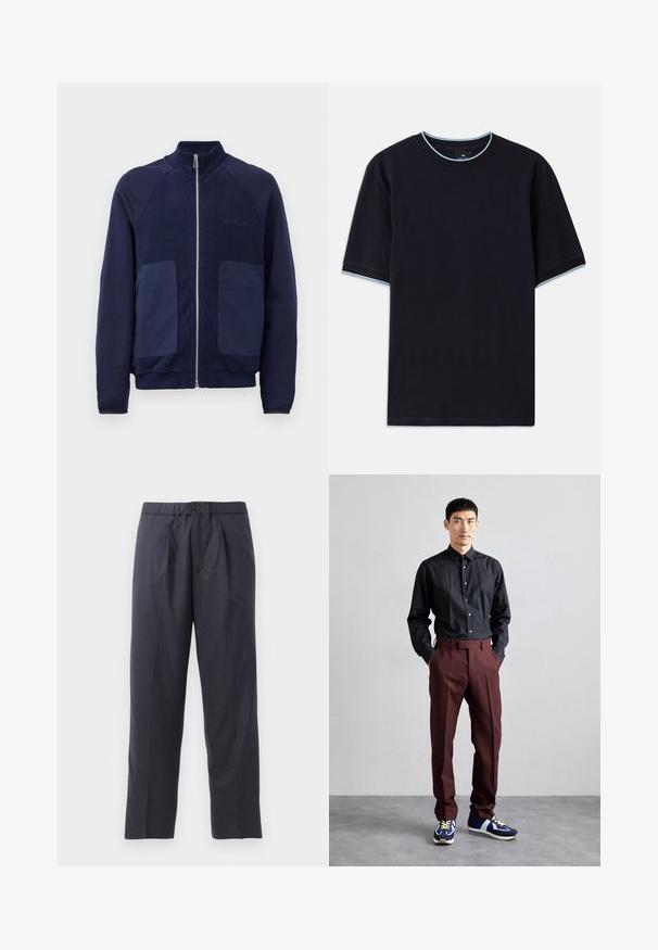 Tamno plava jakna na zip koja se sastoji od kombinacije glatkog i teksturiranog materijala, s dva prednja džepa i visokim ovratnikom.; Tamno plava kratka majica s kapućinom, s okruglim izrezom, s svijetloplavim detaljima na ovratniku i rukavima. Izrađena od mekog pamučnog materijala.; Tamno plave hlače od mekanog materijala s plićim prednjim dijelom i elastičnim pojasom. Imaju zatvaranje na gumb i ravno krojenje.; Crna košulja dugih rukava s gumbima uparen s hlačama boje burgundac visokog struka i plavim tenisicama s zelenim naglascima. Model stoji s rukama u džepovima.