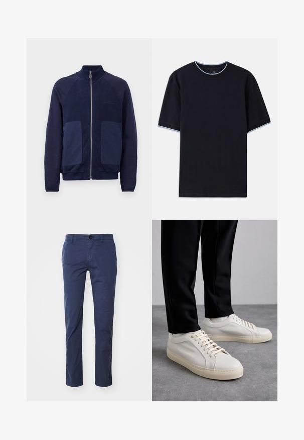 Navy blue zip-up jacket featuring a mix of smooth and textured fabric, two front pockets, and a stand-up collar.; Dark blue short-sleeve t-shirt with a round neckline, featuring light blue accent at the collar and sleeves. Made of soft cotton fabric.; Navy blue cotton chinos with a straight leg design, featuring a single front button closure and side pockets. Smooth texture, classic fit.; Light beige leather sneakers with flat laces, a textured surface, and a contrasting cream-colored rubber sole, paired with black tapered pants.