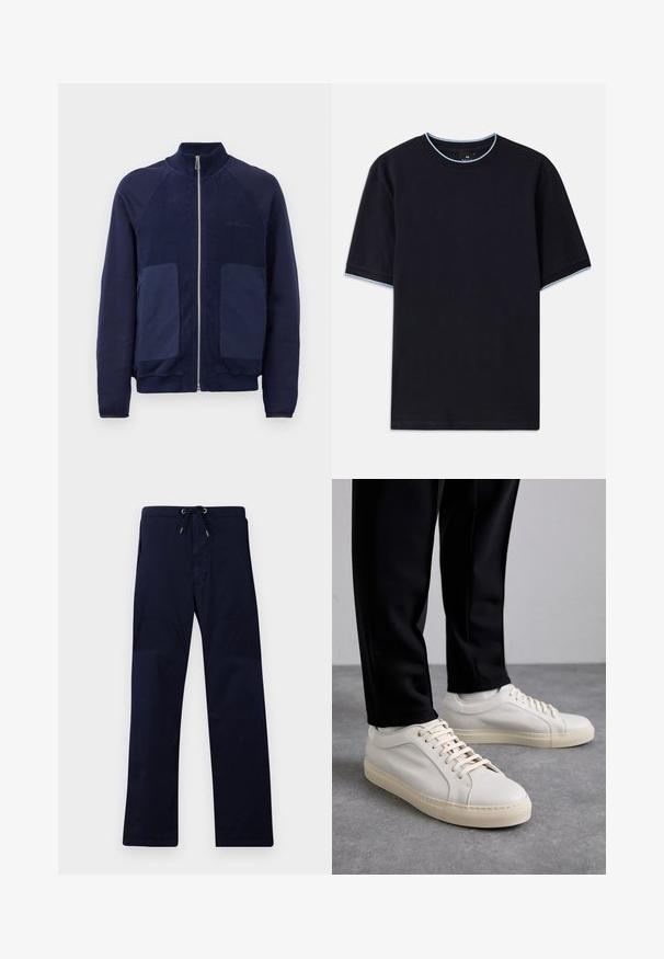 Námořnická modrá zipová bunda s kombinací hladké a texturované látky, dvěma předními kapsami a stojatým límcem.; Tmavě modré tričko s krátkým rukávem a kulatým výstřihem, se světle modrými akcenty na límci a rukávech. Vyrobeno z měkké bavlněné tkaniny.; Námořnické modré kalhoty s páskem na stažení, rovný střih a hladkou texturu. Obsahují boční kapsy a zesílené švy.; Světlé béžové kožené tenisky s plochými tkaničkami, texturovaným povrchem a kontrastní krémovou gumovou podrážkou, spárované s černými zúženými kalhotami.