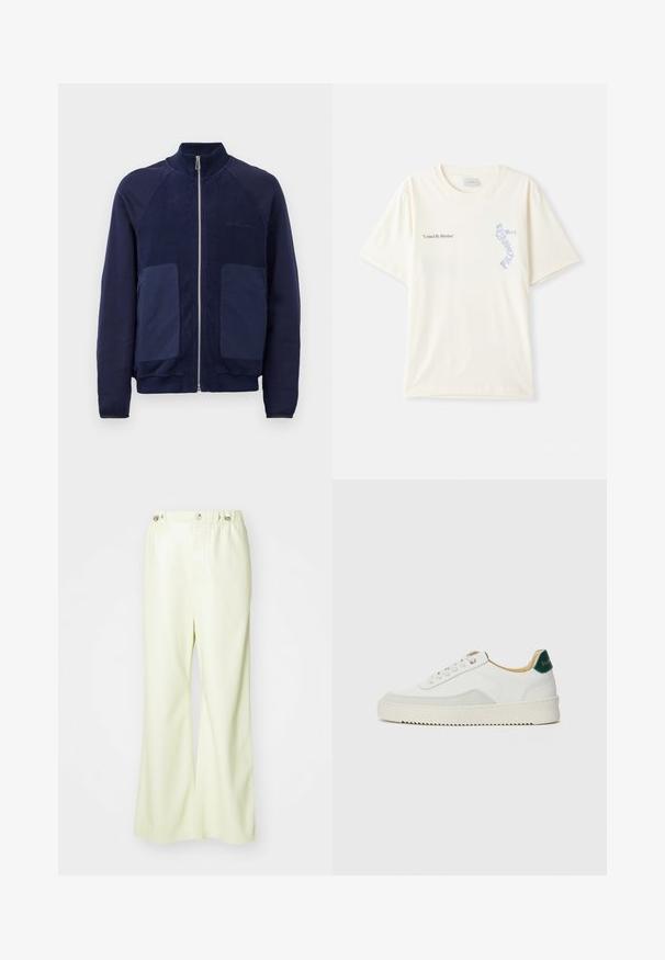 Námořnická modrá zipová bunda s kombinací hladké a texturované látky, dvěma předními kapsami a stojatým límcem.; Bílá bavlněná tričko s krátkým rukávem, se zapnutím "United By Rhythm" v černé a modré grafikou na hrudi. Kulatý výstřih.; Svetle zelené kalhoty se širokými nohavicemi vyrobené z hladkého, mírně lesklého materiálu. Disponují knoflíkem a elastickým pasem, s čistým, přizpůsobeným designem.; Bílé tenisky se semišovými prvky, kulatou špičkou, plochými tkaničkami a krémovou gumovou podrážkou. Na patě mají zelené logo.