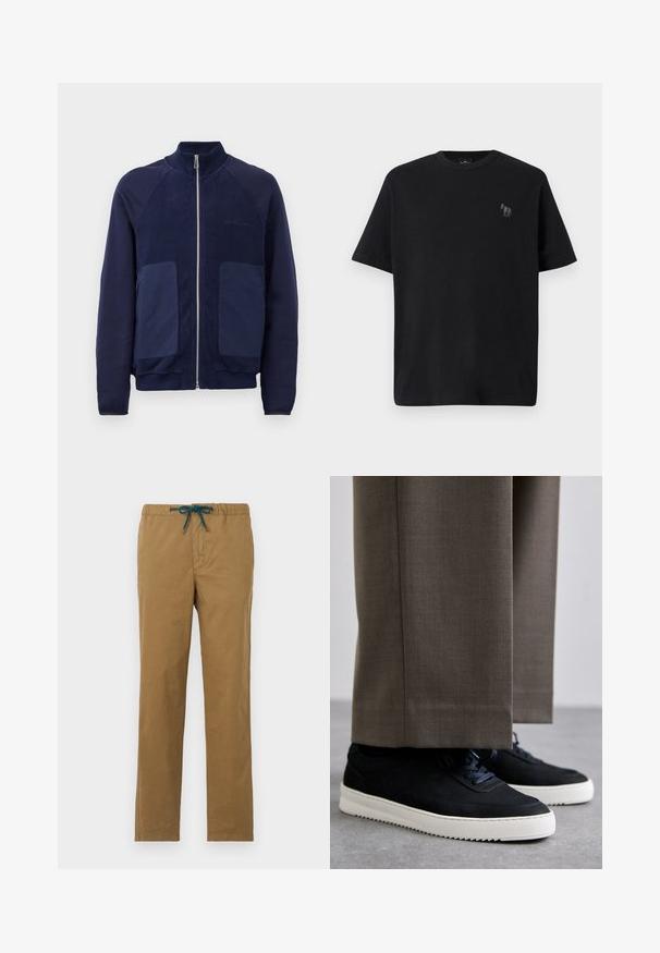 Chaqueta azul marino con cremallera que presenta una mezcla de tela suave y texturada, dos bolsillos frontales y un cuello alzado.; Camiseta de algodón negra con mangas cortas, escote redondo y un sutil logo de caballo bordado en gris en el área del pecho izquierdo.; Pantalones de algodón marrón con cintura ajustable en teal. El diseño presenta piernas rectas y no tiene bolsillos o adornos visibles.; Zapatillas de ante negro con suelas de goma blanca, que presentan una puntera redondeada y cordones, llevadas con pantalones grises a medida.