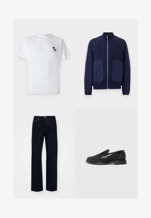 Veste zippée bleu marine avec un mélange de tissu lisse et texturé, deux poches avant et un col montant.; PS Paul Smith LOGO BREAST - T-shirt basique - white; Jean en denim noir avec une coupe droite, doté d'une fermeture à boutons et à glissière, de cinq poches et d'une surpiqûre ton sur ton.; Chaussure slip-on tissée noire avec un accent en cuir lisse sur le dessus, un design à bout rond et une semelle en caoutchouc à profil bas.