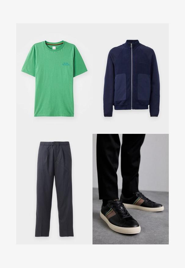 Tumesinine tõmblukuga jakk, mis sisaldab sujuvat ja tekstuurset kangast, kahte esist taskut ja seisvat krae.; Roheline puuvillane t-särk ümmarguse kaelusega, lühikesed varrukad ja väike sinine tekst detail vasakul rinnaosal. Sile tekstuur.; Tumed sinised püksid pehmest kangast, mille esiosal on volditud disain ja elastne vöökoht. Varustatud nupuga sulgemisega ja sirge lõikega.; Mustad nahast spordijalatsid mitmevärviliste triipudega aktsentide, ümmarguse nina, ja valgete kummist talladega, omades paeladese disaini ja volditud brändimist.
