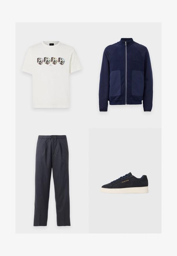 Chaqueta azul marino con cremallera que presenta una mezcla de tela suave y texturada, dos bolsillos frontales y un cuello alzado.; Camiseta de algodón blanca con cuatro impresiones gráficas circulares que presentan logotipos estilizados "PS" en varios colores y un contorno negro. Mangas cortas.; Pantalones oscuros de color azul marino, hechos de una tela suave, con un diseño de frente plisado y cintura elástica. Cuentan con un cierre de botón y un corte recto.; Zapatilla baja de ante azul marino con suela blanca, cordones azul marino y logo de "Filling Pieces" en dorado en el lateral.