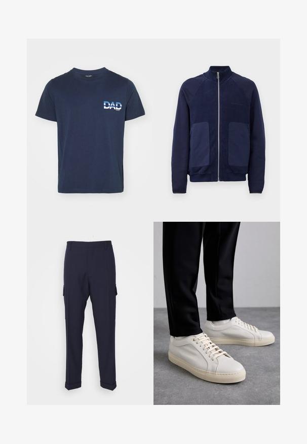 Jūras zilas krūtis jaka ar rāvējslēdzēju, kas veidota no gludas un teksturētas auduma, ar divām priekšējām kabatām un stāvošu apkakli.; Tumši zils kokvilnas t-krekls ar īsām piedurknēm. Kreklam kreisajā pusē ir balts grafisks teksts "TĒVS" biezā fontā. Vienkāršs un ikdienišķs dizains.; Tumši zili kravas bikses, izgatavotas no gludas auduma, ar sānu kabatām, taisnu piegriezumu un salocītiem apkaklīšiem pie potītēm.; Gai beige ādas kedas ar plakaniem šņorēm, teksturētu virsmu un kontrastējošu krēmkrāsas gumijas zoli, apvienotas ar melniem pieguļošiem biksēm.