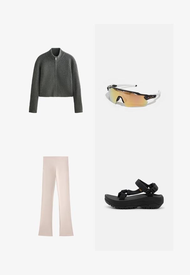 Szürke bordázott kötött pulóver magas gallérral és teljes cipzárral, hosszú ujjakkal és cropped hosszal. A texturált anyag mélységet ad.; OYSHO EVERMOVE - Felső - brown; Világos bézs, trapéz fazonú nadrág széles, sima derékkal. Puha, rugalmas anyagból készült, letisztult, minimalista dizájnnal.; A fekete sportpapucsok állítható pántokkal, mintázott talppal a tapadásért, valamint vastag profilal a kényelem és stabilitás érdekében rendelkeznek. Könnyű anyagból készültek.; Fekete-fehér kerettel készült napszemüveg, nagy, arany és rózsaszín árnyalatú tükörlencsékkel, aerodinamikus dizájnnal és kiterjesztett külső peremmel.