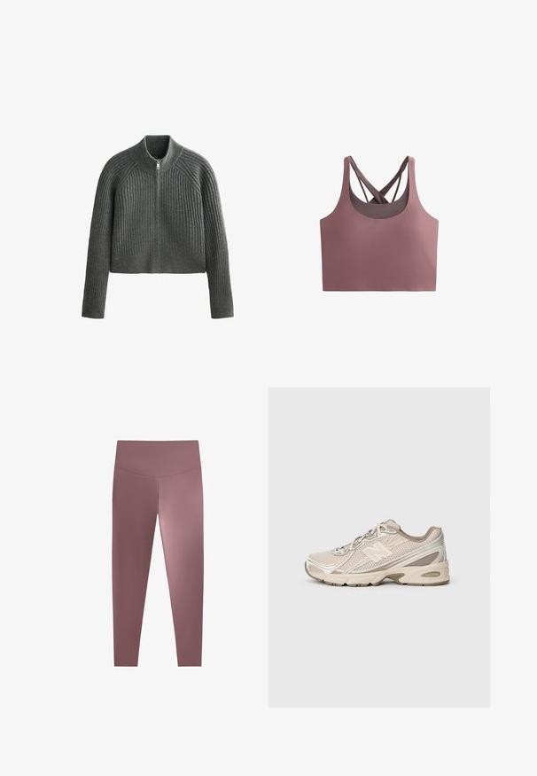 Harmaa ribbineulepusero korkealla kauluksella ja täysihitaisella vetoketjulla, jossa on pitkät hihat ja lyhyt pituus. Rakenteellinen kangas lisää syvyyttä.; Rintaliivi pölyrosassa, tiiviisti istuva malli, valmistettu pehmeästä kankaasta. Ominaisuuksiin kuuluu pyöreä kaula-aukko ja ristiselän hihnat tukemiseen ja tyyliin.; Korkeavyötäröiset, vartalonmyötäiset legginsit hillityssä mauven värissä, valmistettu sileästä, venyvästä kankaasta. Saumattoman muotoilun ansiosta ei näkyviä kiinnikkeitä.; Valkoinen urheilu- ja liikuntakenkä, jossa on verkkopinta, tekstuuripinnat ja kumipohja. Varustettu näkyvällä "N"-logolla ja kontrastivärisillä kreemivivahteilla.