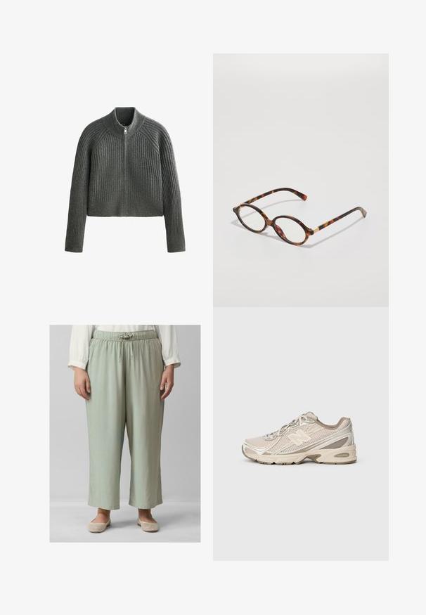 Grijze ribbengebreide trui met een hoge kraag en volledige rits, met lange mouwen en een cropped lengte. Gelaagd textiel voegt diepte toe.; Braal top in stofroze met een getailleerd ontwerp, gemaakt van zachte stof. Heeft een ronde hals en kruisleefbandjes voor ondersteuning en stijl.; Lichtgroene, loszittende broeken met een elastische tailleband en een trekkoord, gemaakt van een zachte stof. Een vlakke voorkant en brede pijpen ronden het ontwerp af.; Beige sportieve schoen met een mesh bovenwerk, getextureerde accenten en een rubberen zool. Heeft een opvallend "N"-logo en contrasterende crèmekleurige details.; schildpadbril met ovale monturen, heldere lenzen en gouden accenten. Bevat gebogen pootjes en een gladde, glanzende afwerking.; Bruine stoffen reistas met dubbele handvatten en een afneembare schouderriem. Bevat een rits hoofdcompartiment en een voorvak. Gewoven oppervlak.