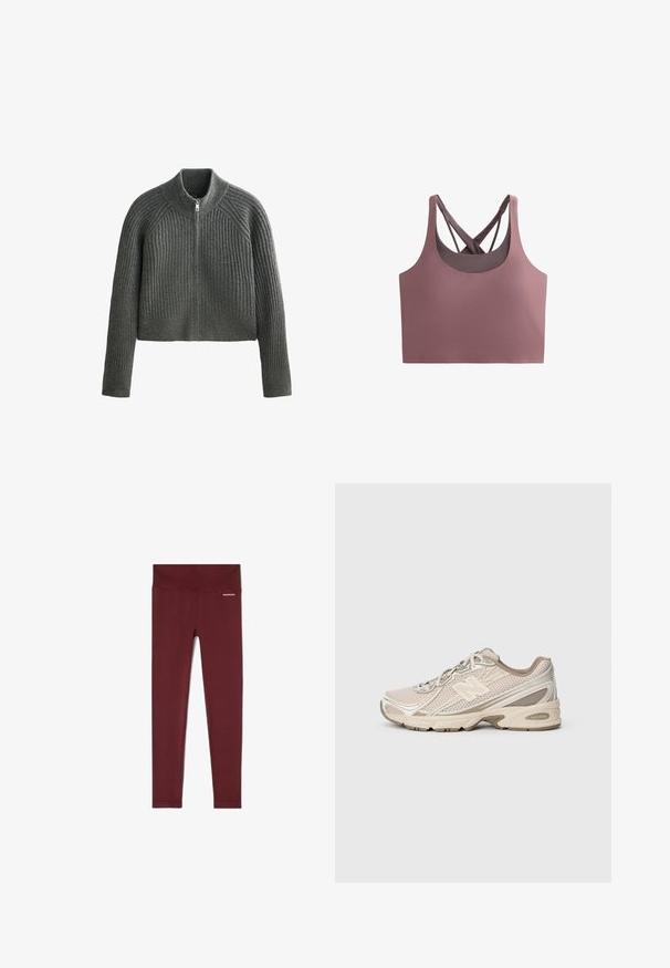 Harmaa ribbineulepusero korkealla kauluksella ja täysihitaisella vetoketjulla, jossa on pitkät hihat ja lyhyt pituus. Rakenteellinen kangas lisää syvyyttä.; Rintaliivi pölyrosassa, tiiviisti istuva malli, valmistettu pehmeästä kankaasta. Ominaisuuksiin kuuluu pyöreä kaula-aukko ja ristiselän hihnat tukemiseen ja tyyliin.; Bordeaux ribbade leggings med en bred midjeband, som har texturerad tyg och en liten varumärkeslogotyp på höften för extra detalj.; Valkoinen urheilu- ja liikuntakenkä, jossa on verkkopinta, tekstuuripinnat ja kumipohja. Varustettu näkyvällä "N"-logolla ja kontrastivärisillä kreemivivahteilla.