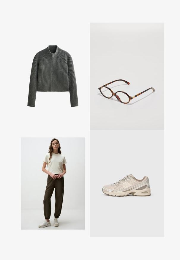 Grijze ribbengebreide trui met een hoge kraag en volledige rits, met lange mouwen en een cropped lengte. Gelaagd textiel voegt diepte toe.; Braal top in stofroze met een getailleerd ontwerp, gemaakt van zachte stof. Heeft een ronde hals en kruisleefbandjes voor ondersteuning en stijl.; Witte katoenen t-shirt gecombineerd met donkergroene joggingbroek met elastische manchetten en zijdetails. Het schoeisel omvat witte sneakers met beige accenten.; Beige sportieve schoen met een mesh bovenwerk, getextureerde accenten en een rubberen zool. Heeft een opvallend "N"-logo en contrasterende crèmekleurige details.; schildpadbril met ovale monturen, heldere lenzen en gouden accenten. Bevat gebogen pootjes en een gladde, glanzende afwerking.; Bruine stoffen reistas met dubbele handvatten en een afneembare schouderriem. Bevat een rits hoofdcompartiment en een voorvak. Gewoven oppervlak.