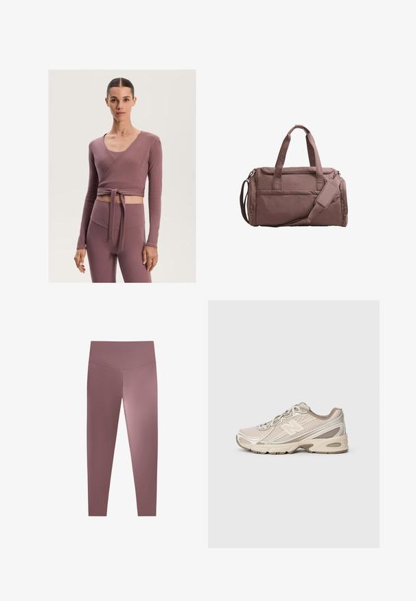 Harmaa ribbineulepusero korkealla kauluksella ja täysihitaisella vetoketjulla, jossa on pitkät hihat ja lyhyt pituus. Rakenteellinen kangas lisää syvyyttä.; Ribbed, wrap-tyylinen toppi pölyisen mauven värissä, jossa on pitkät hihat ja vyötäröllä solmittava nauha, yhdistettynä korkeavyötäröisiin, samansävyisiin legginsseihin.; Korkeavyötäröiset, vartalonmyötäiset legginsit hillityssä mauven värissä, valmistettu sileästä, venyvästä kankaasta. Saumattoman muotoilun ansiosta ei näkyviä kiinnikkeitä.; Valkoinen urheilu- ja liikuntakenkä, jossa on verkkopinta, tekstuuripinnat ja kumipohja. Varustettu näkyvällä "N"-logolla ja kontrastivärisillä kreemivivahteilla.; Ruskea kangas duffel-laukku, jossa on kaksinkertaiset kahvat ja irrotettava olkahihna. Sisältää vetoketjullisen pääosan ja etutaskun. Teksturoitu pinta.