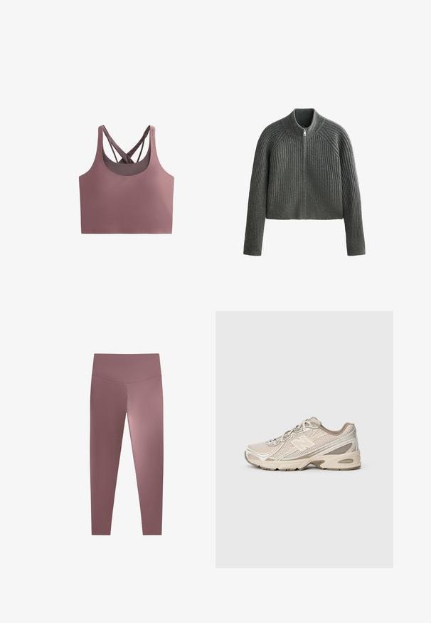Grey ribbed knit sweater with a high collar and full zipper, featuring long sleeves and a cropped length. Textured fabric adds depth.; Bra top in dusty rose with a fitted design, made of soft fabric. Features a scoop neck and cross-back straps for support and style.; High-waisted, form-fitting leggings in a muted mauve color, made from a smooth, stretchy fabric. Seamless design with no visible hardware.; Beige athletic shoe with a mesh upper, textured accents, and a rubber sole. Features a prominent "N" logo and contrasting cream details.